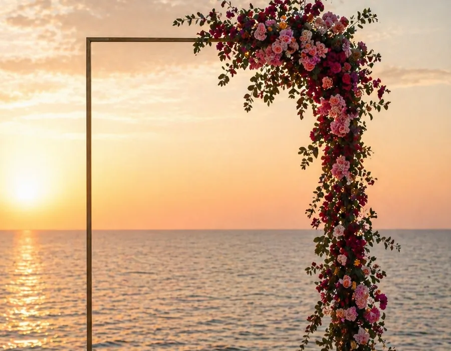 Lush wedding ceremony floral arch with premium white roses and architectural greenery, custom-designed for a Boston venue by Boston Flowers.
