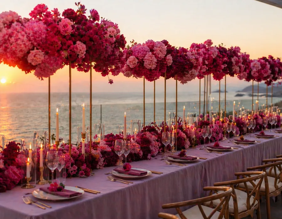 Close-up of a beautifully set wedding reception table with elegant floral centerpieces, crystal glassware, and artistic table runners, designed by Boston Flowers.
