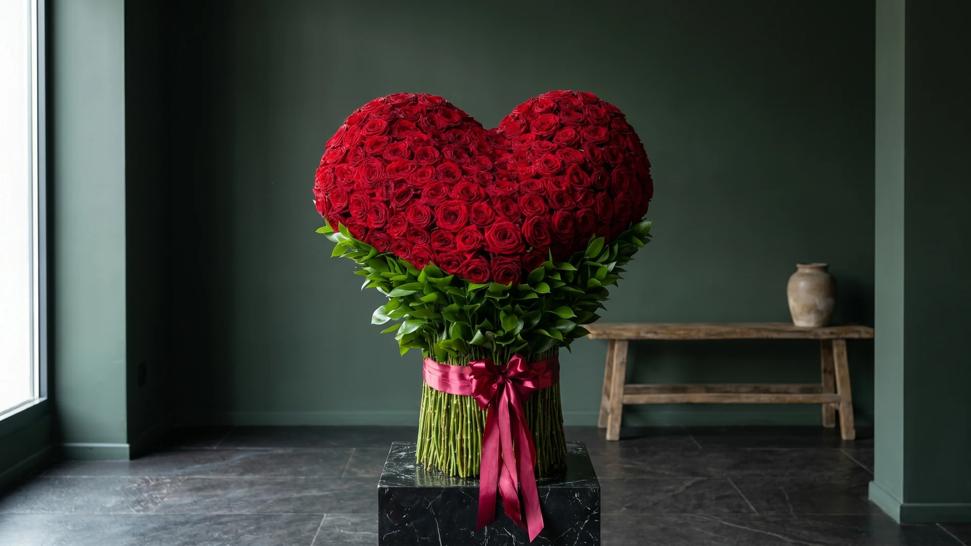 A master florist at Boston Flowers Studio in Brighton precisely crafting a luxury bouquet, showing the full vertical detail of premium stems and artistic composition.