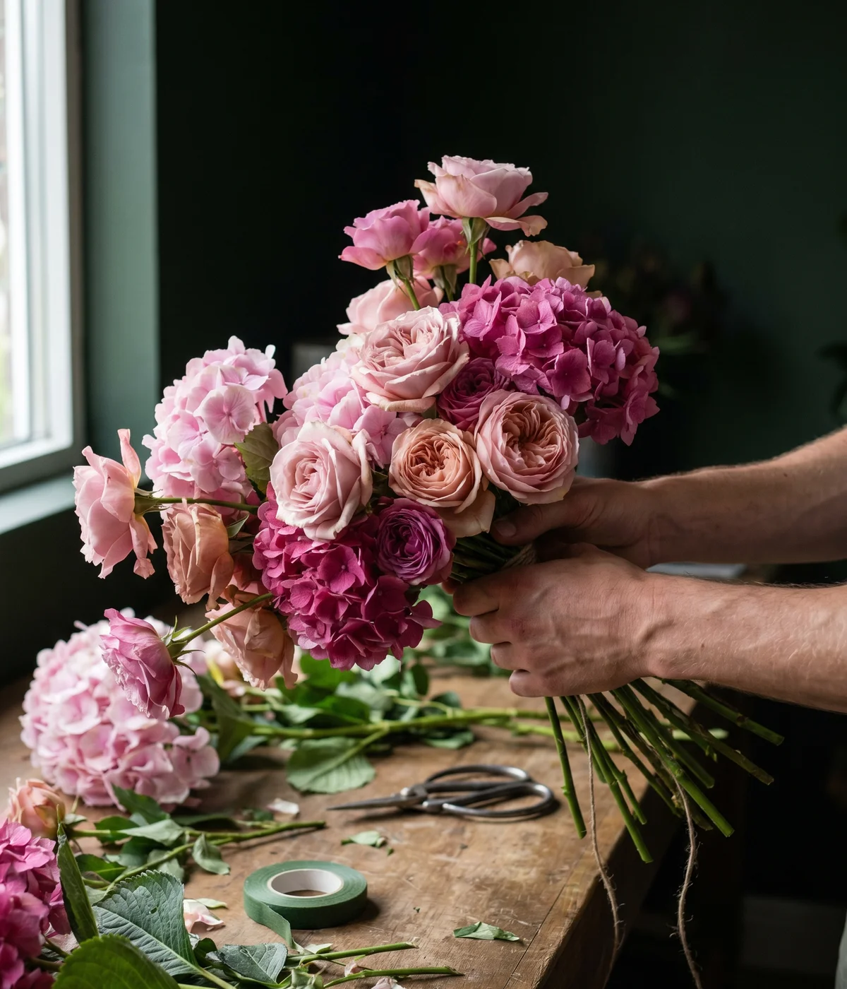 Behind the scenes at Boston Flowers studio showcasing premium seasonal floral sourcing and meticulous design process