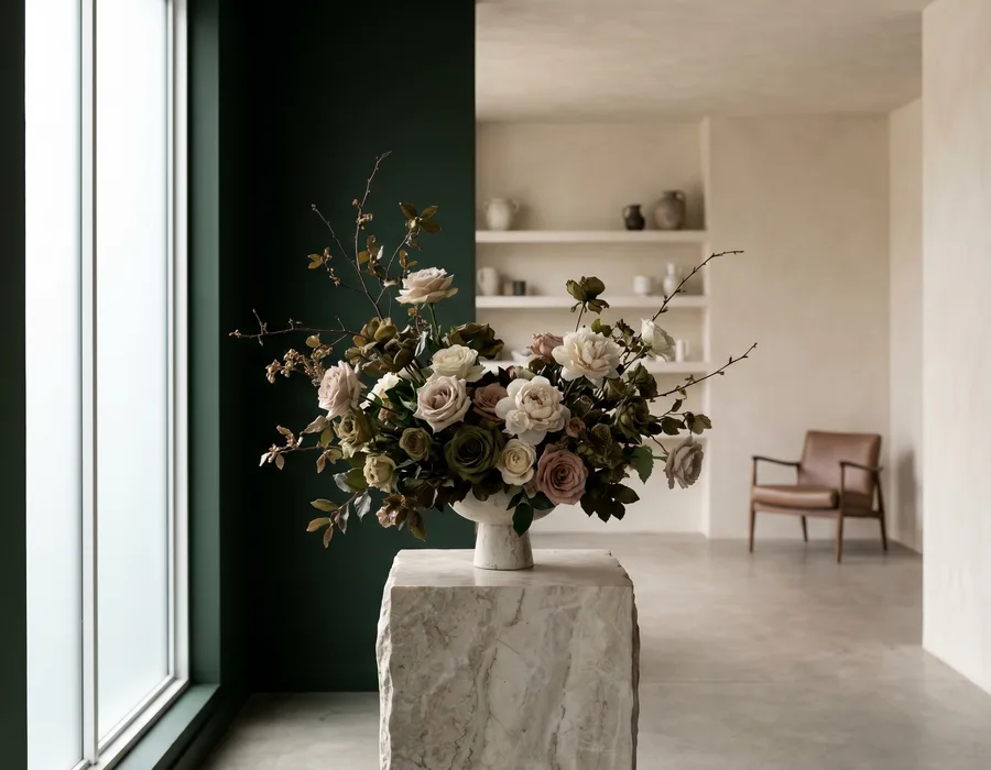 Minimalist floral arrangement at a brand launch event