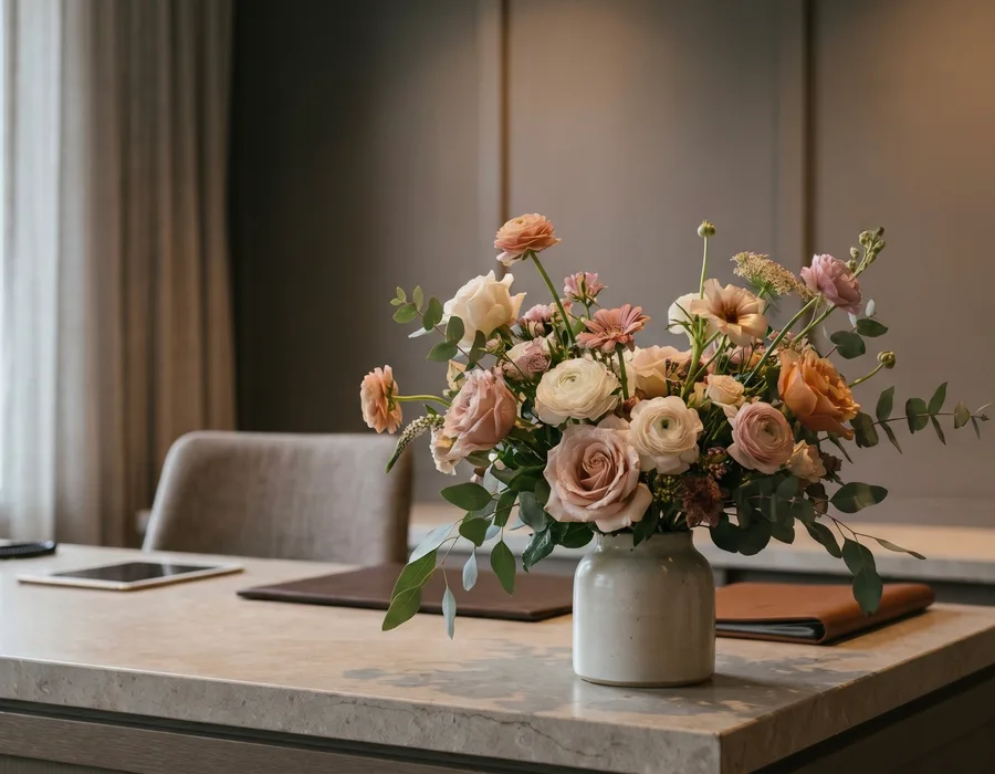 Elegant floral arrangement in a modern office reception