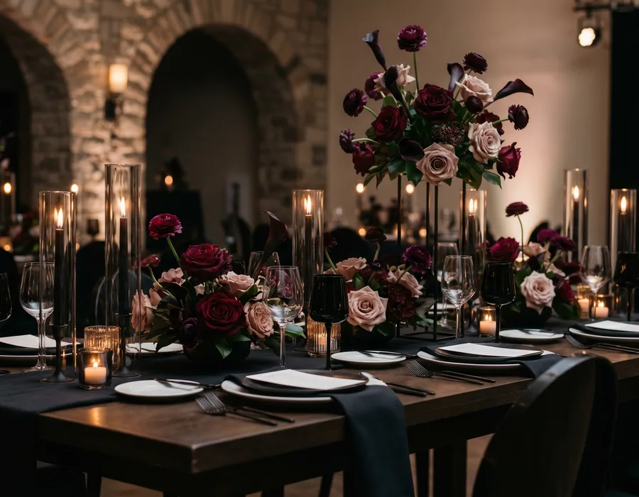 Floral centerpiece on a dinner table with candles