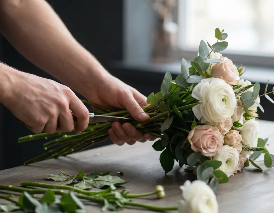 Florist working on a wedding bouquet with hands visible