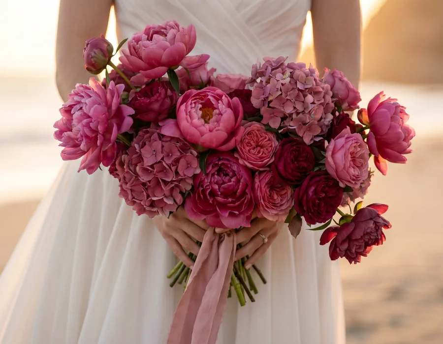Exquisite bridal bouquet with a mix of premium white roses and textured greenery, meticulously composed by Boston Flowers wedding artisans.