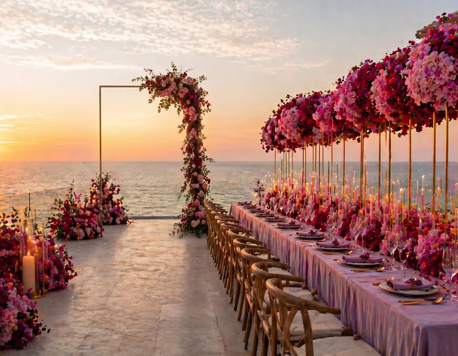 Comprehensive wedding venue transformation with large-scale floral installations, hanging flowers, and cohesive design elements by Boston Flowers.