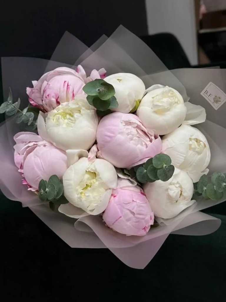 10 Peonies with Eucalyptus bouquet with peonies and eucalyptus by Boston Flowers, main product view for premium flower delivery in Boston