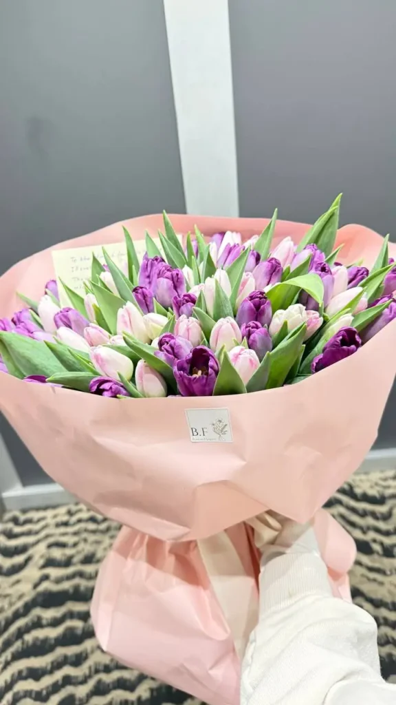 100 pink & purple regular tulips arrangement by Boston Flowers for Boston delivery