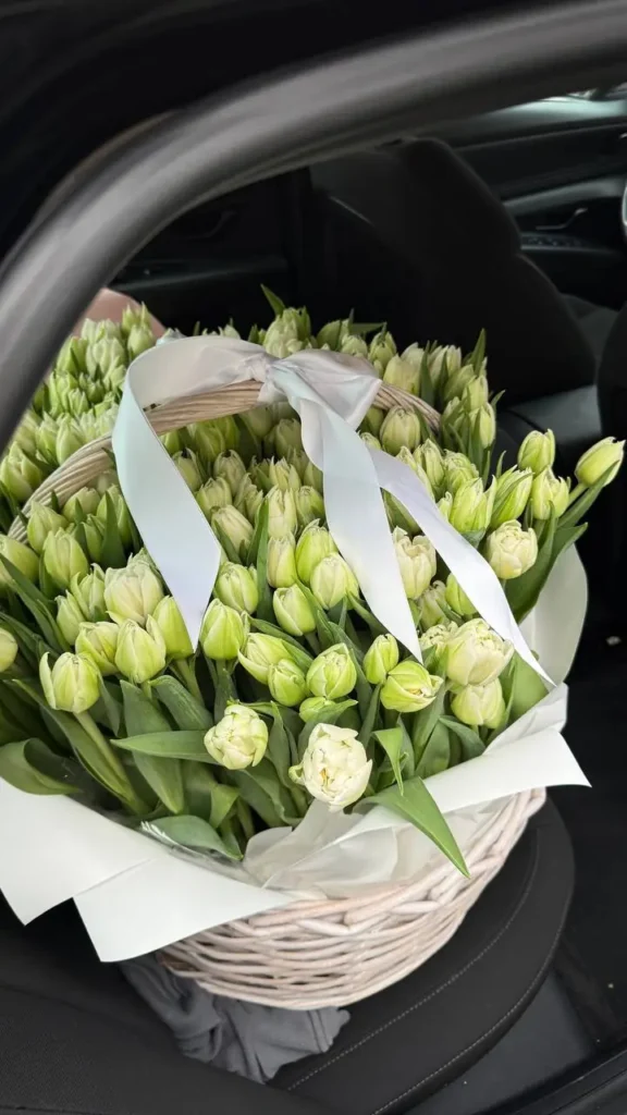 150 double tulips in basket arrangement by Boston Flowers for Boston delivery