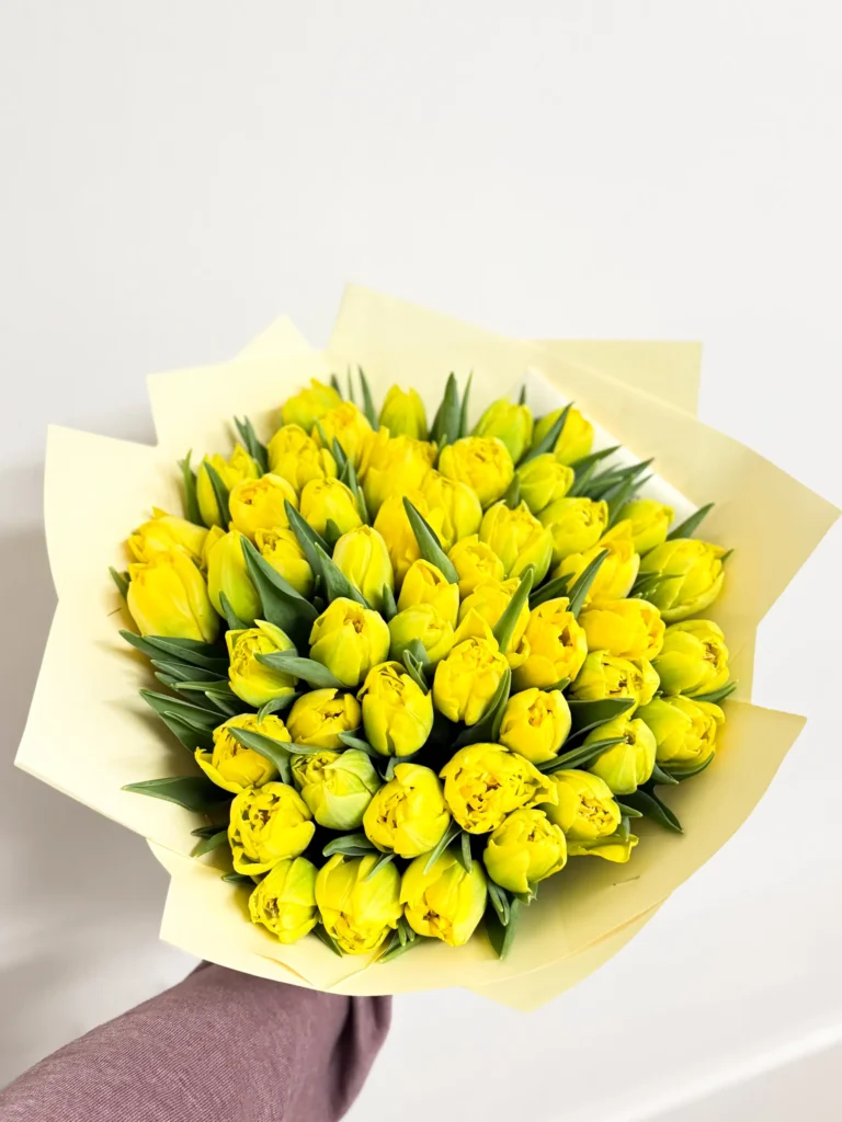 50 yellow double tulips arrangement by Boston Flowers for Boston delivery
