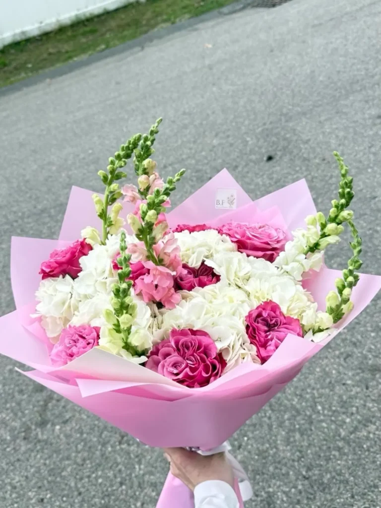 Blush Elegance Bouquet with roses, hydrangeas, and snapdragons by Boston Flowers, detail view 2