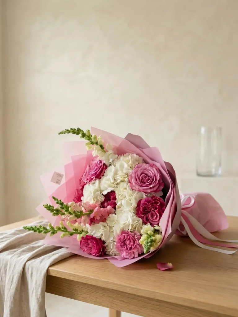 Blush Elegance Bouquet with premium blush flowers and garden textures for same-day flower delivery in Boston by Boston Flowers
