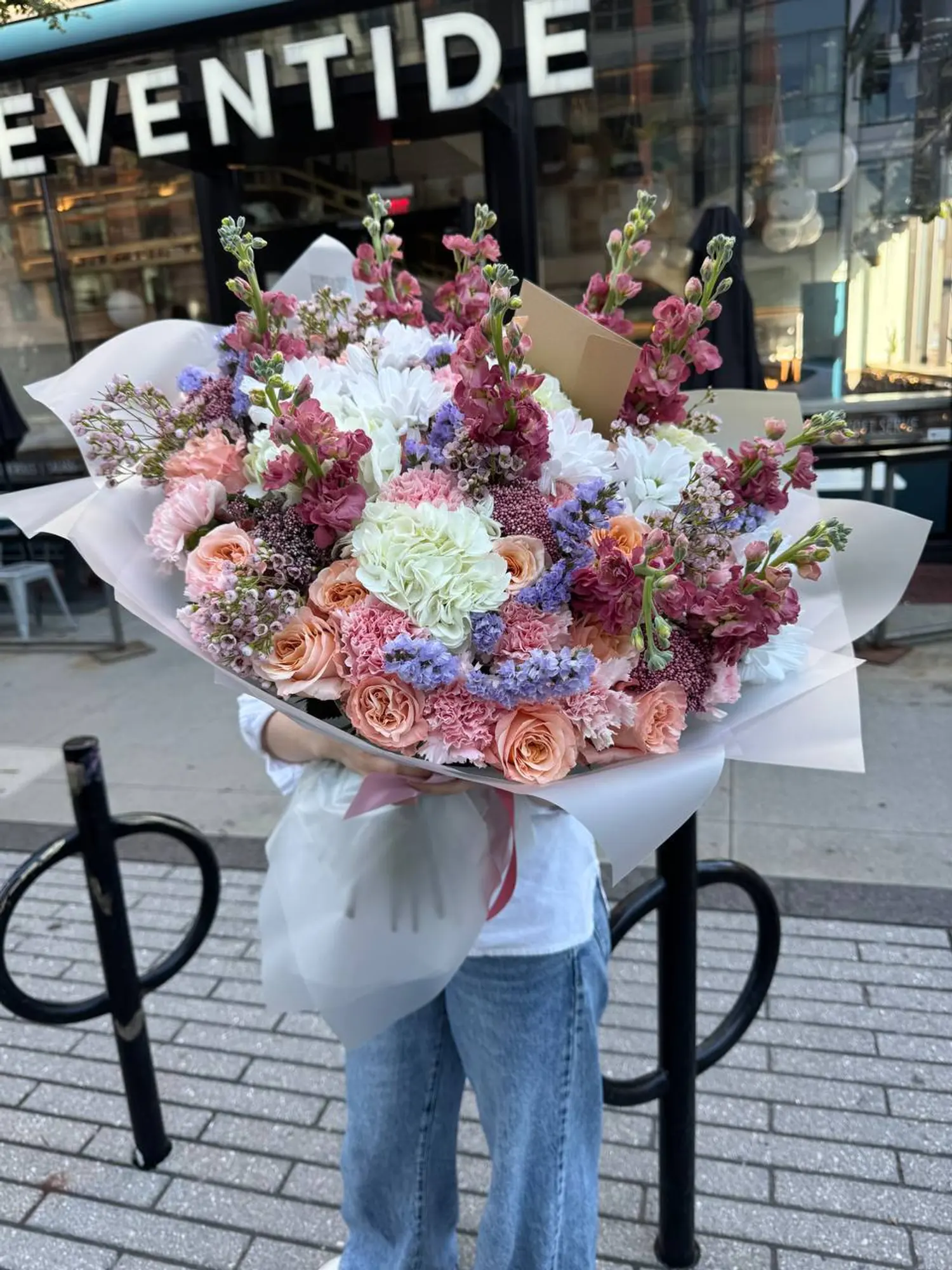 Blush Meadow Bouquet with roses, carnations, hydrangea, and stock by Boston Flowers, detail view 2
