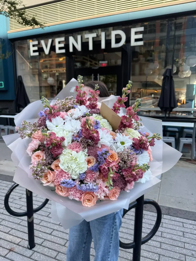 Blush Meadow Bouquet with roses, carnations, hydrangea, and stock by Boston Flowers, detail view 3