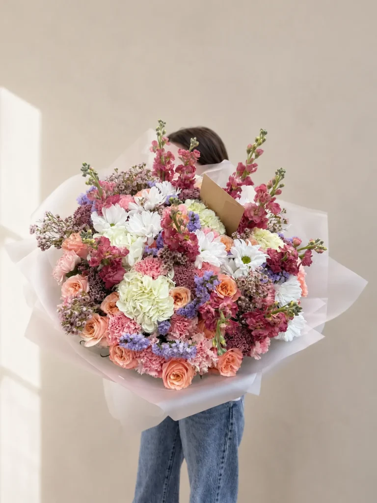 Blush Meadow Bouquet with seasonal meadow-style flowers and soft greenery for same-day flower delivery in Boston by Boston Flowers