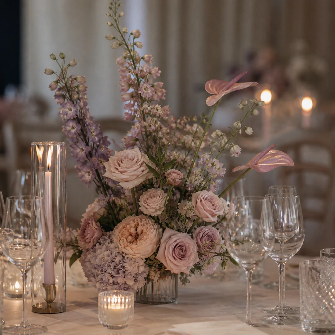 soft pastel floral centerpiece with candles and glassware on an event table by Boston Flowers