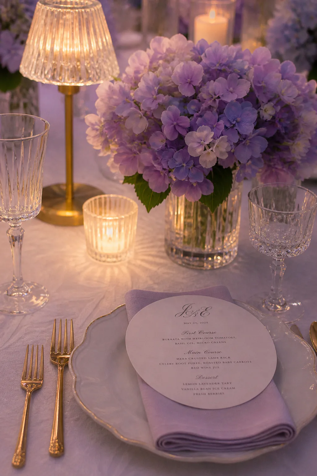 Lavender hydrangea centerpiece with candles and glassware on an event dinner table