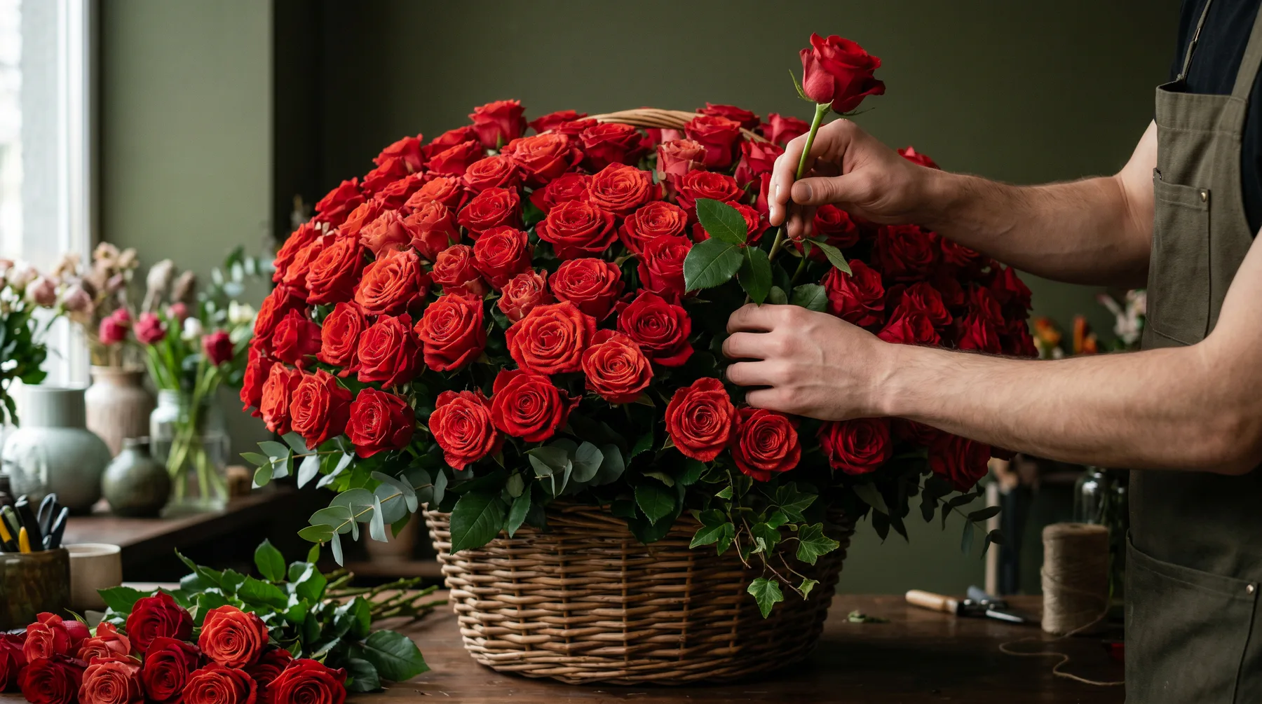 florist arranging a large basket of red roses in the Boston Flowers studio