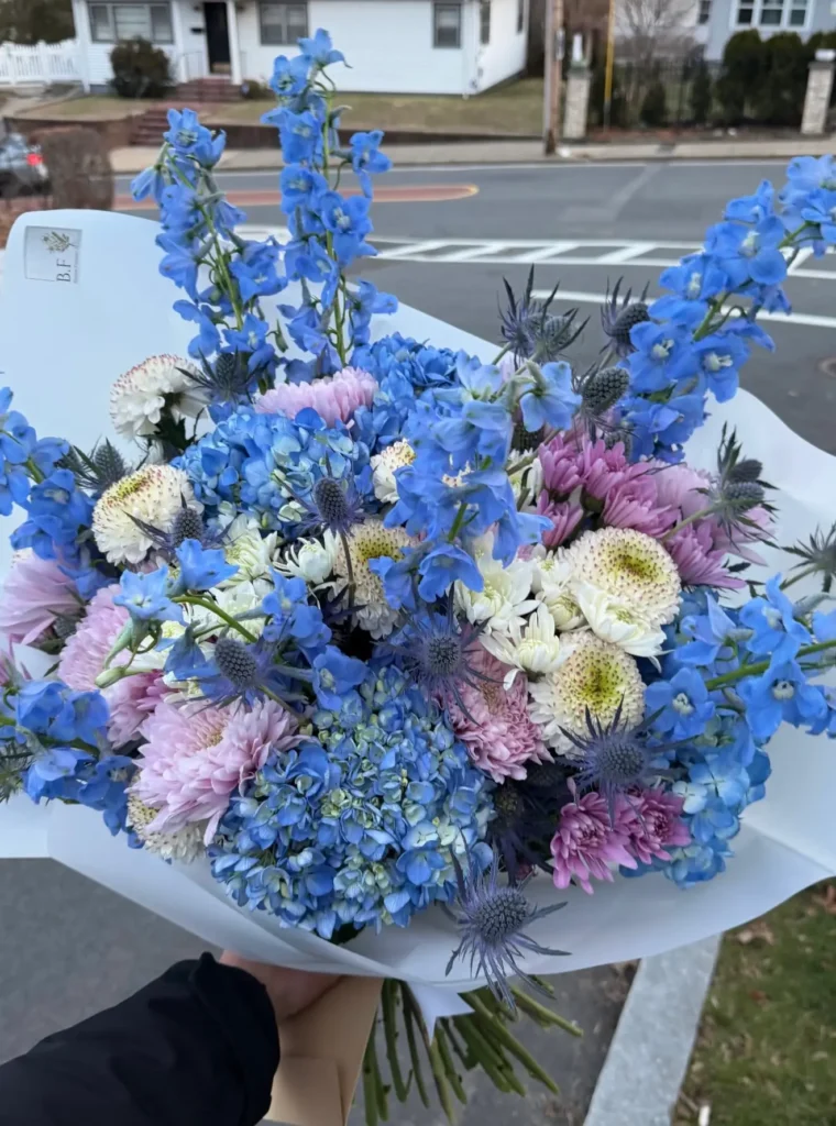 Luxury delphinium and hydrangea mixed bouquet arrangement by Boston Flowers for delivery in Boston