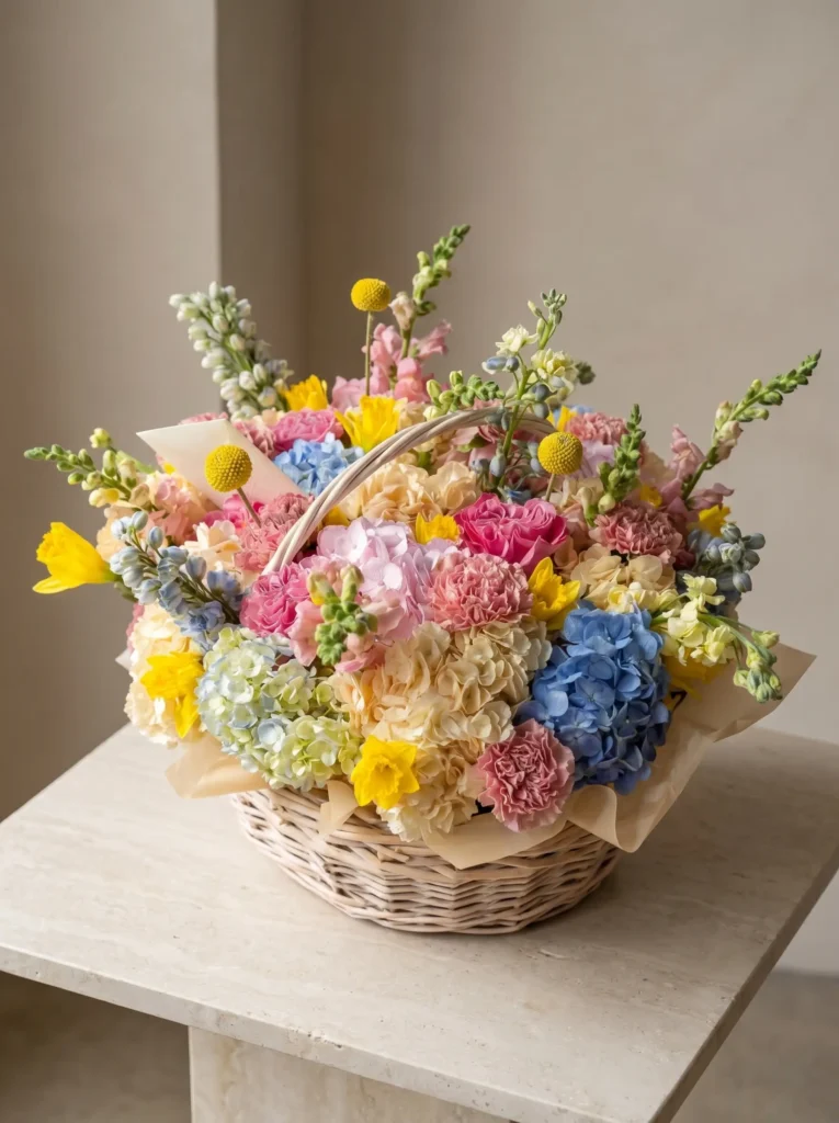 Luxury dopamine floral basket arrangement by Boston Flowers for delivery in Boston