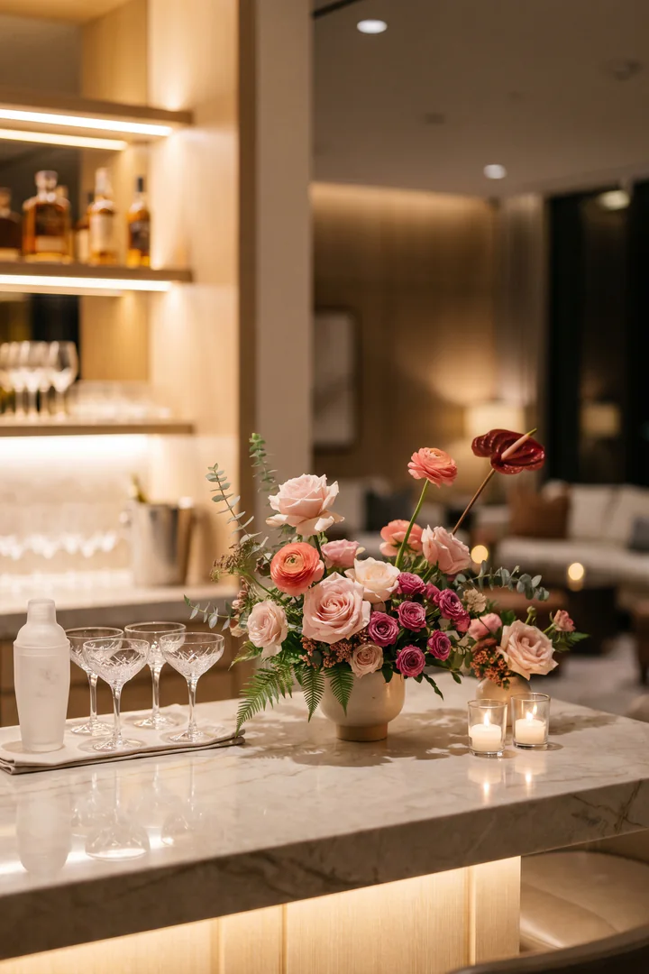 pink and burgundy floral arrangement on a bar with candles for a Boston event