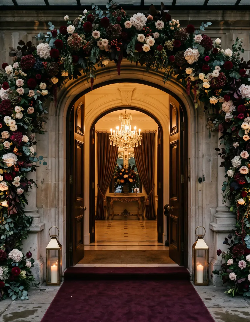 large floral entrance arch with roses and greenery for a Boston event by Boston Flowers