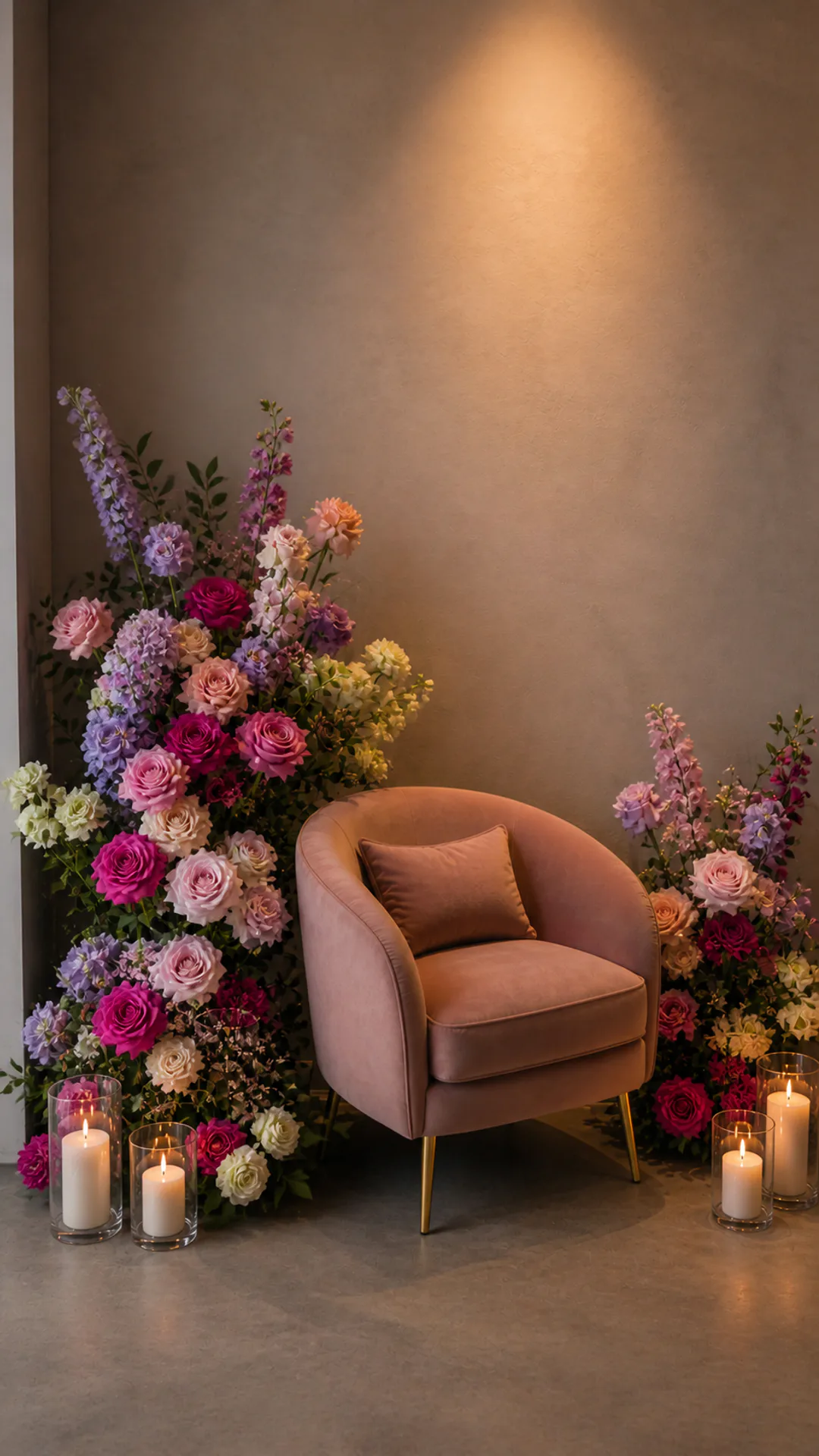 Pink lounge chair with rose and stock floral installations and candles for a Boston event