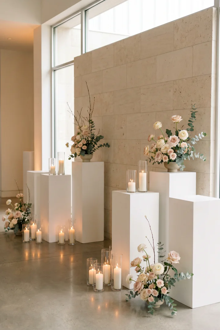light floral installation on white pedestals with candles for a private Boston event