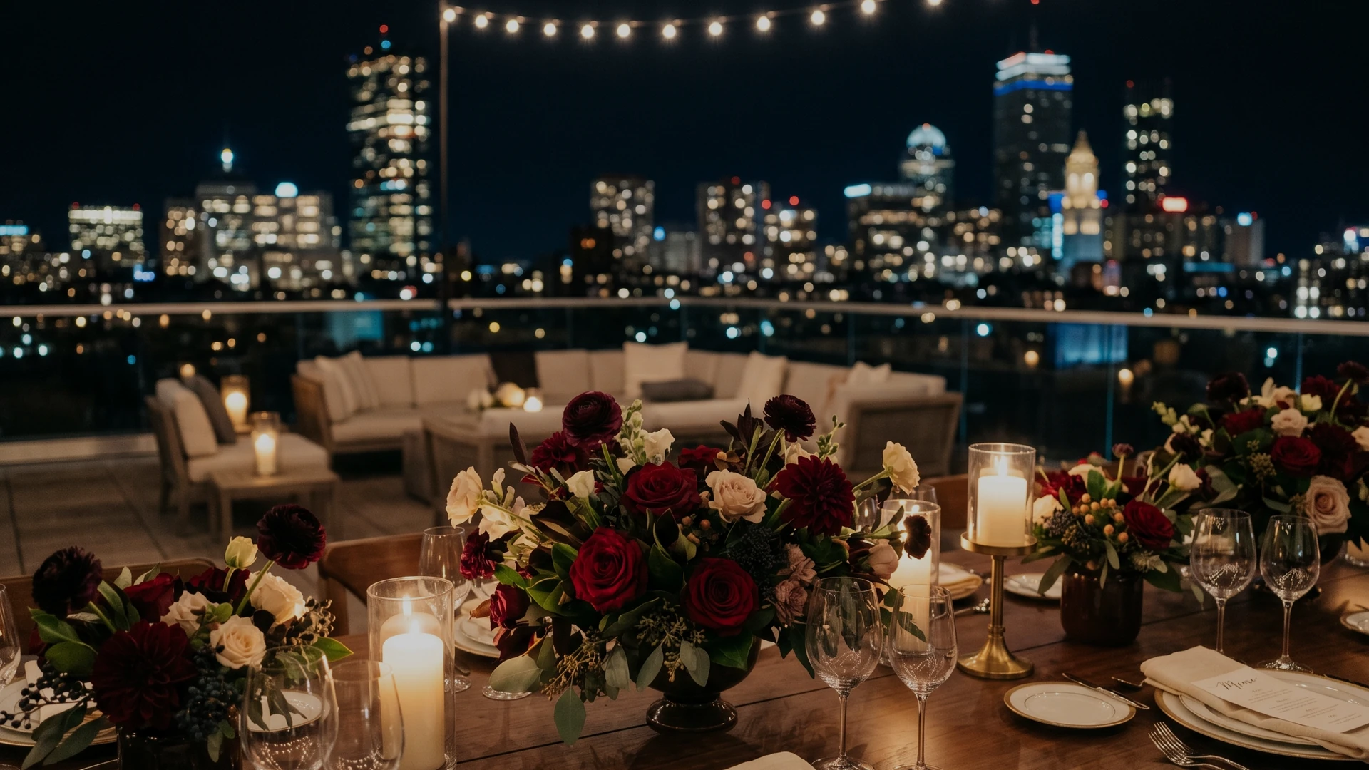 Candlelit rooftop dinner table with red and blush floral arrangements overlooking the Boston skyline
