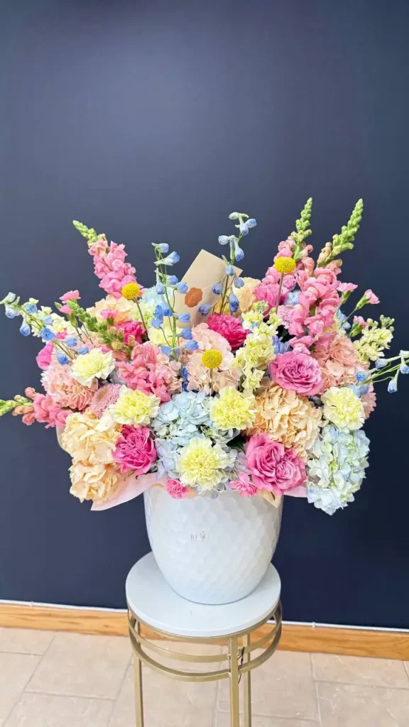 Luxury grand hydrangea and rose planter arrangement by Boston Flowers for delivery in Boston