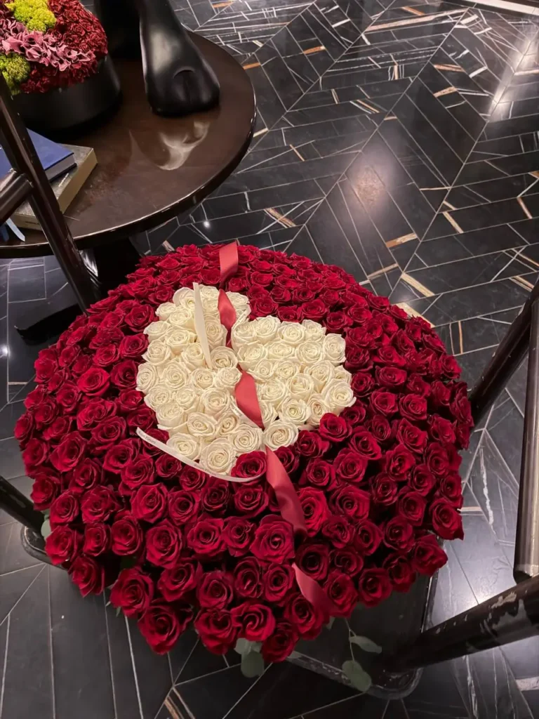 Luxury grand red rose basket with white heart arrangement by Boston Flowers for delivery in Boston