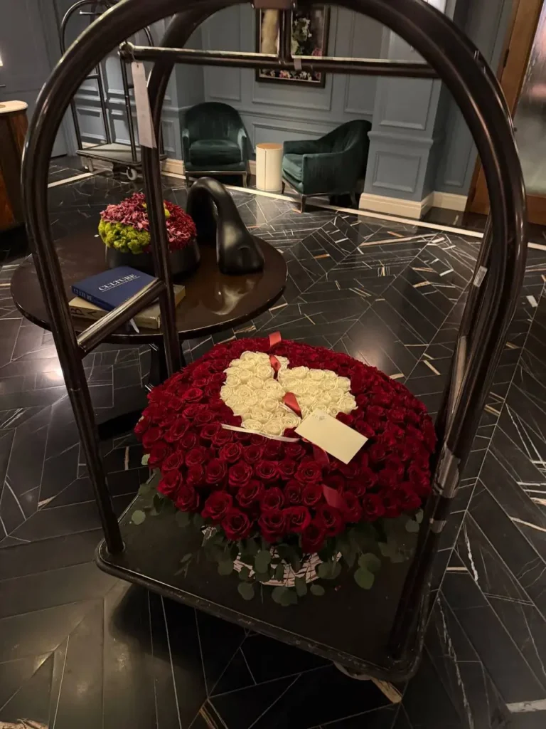 Luxury grand red rose basket with white heart arrangement by Boston Flowers for delivery in Boston