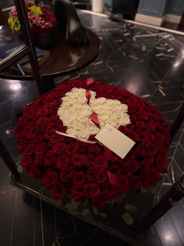 Luxury grand red rose basket with white heart arrangement by Boston Flowers for delivery in Boston