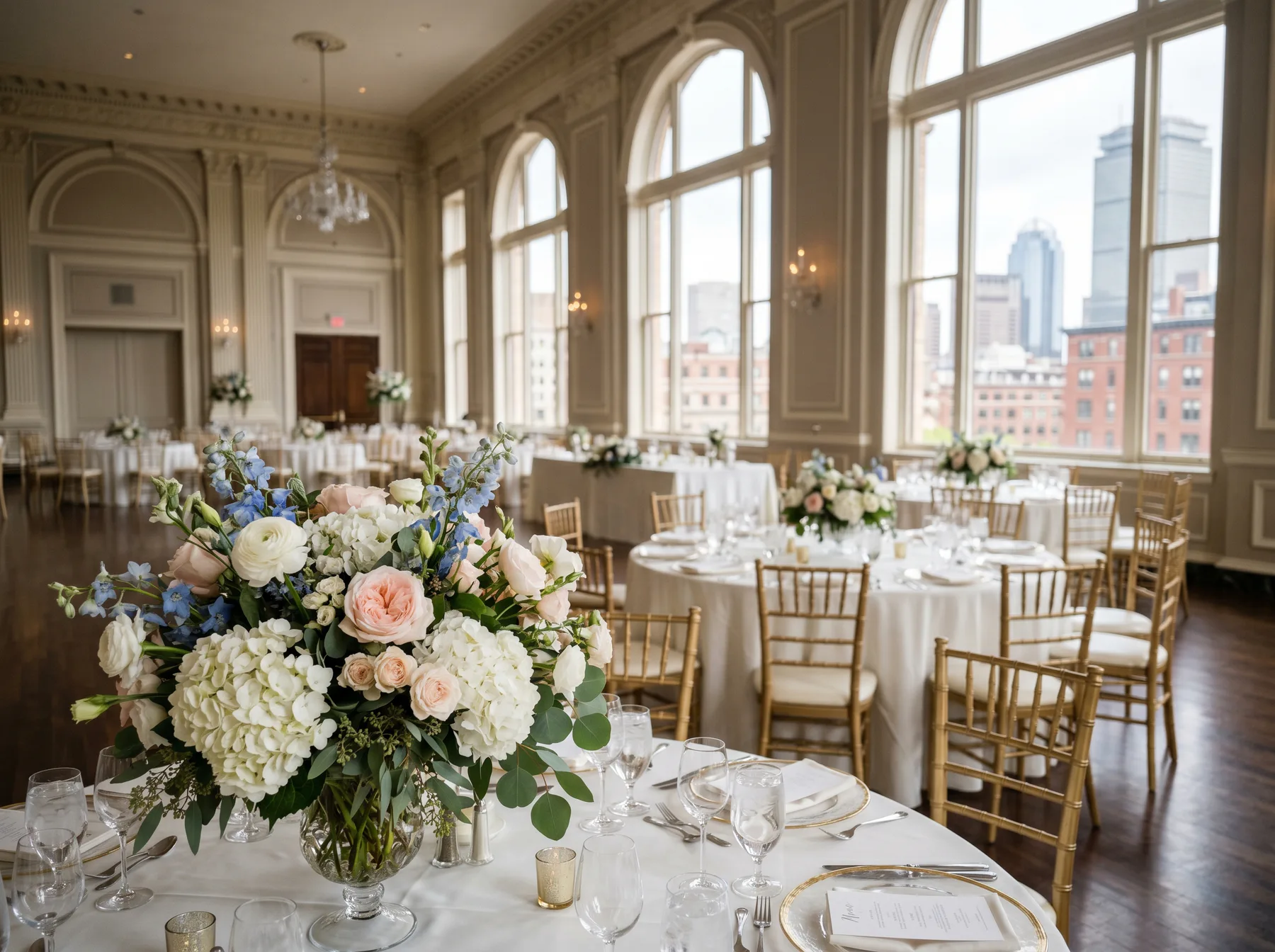 Wide hospitality event room with pastel floral centerpieces and Boston city views