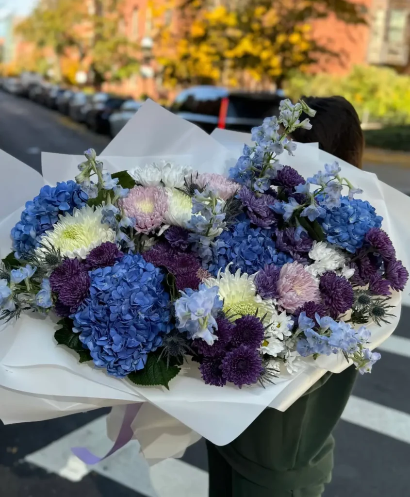 Luxury hydrangea and delphinium blue bouquet arrangement by Boston Flowers for delivery in Boston