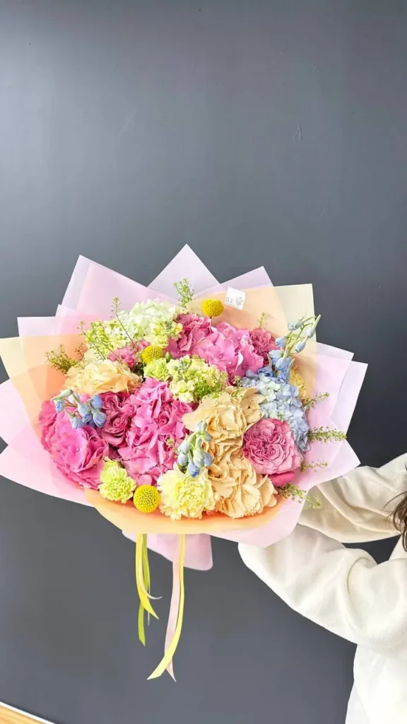 Luxury hydrangea and delphinium mixed bouquet arrangement by Boston Flowers for delivery in Boston