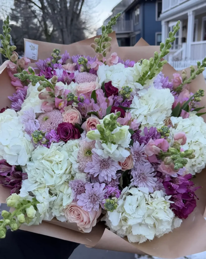 Luxury hydrangea and rose vibrant mixed bouquet arrangement by Boston Flowers for delivery in Boston