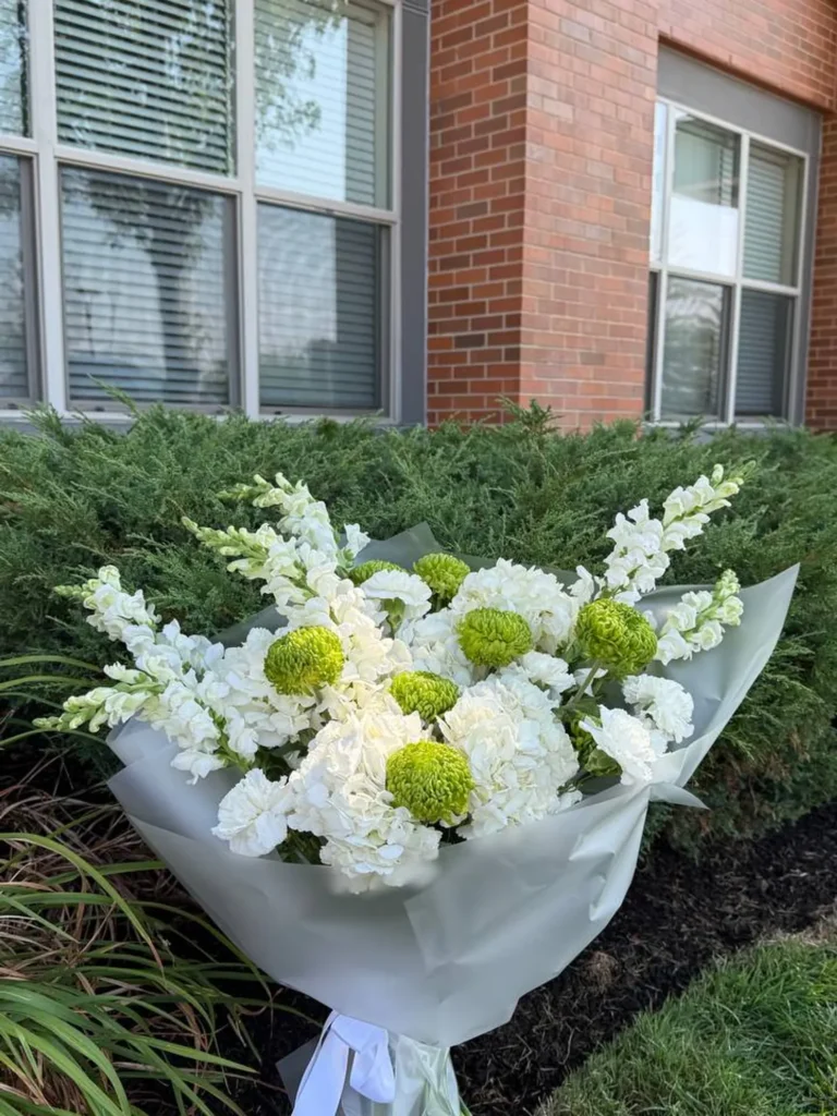 Ivory Garden Bouquet with hydrangeas, stock flowers, and green chrysanthemums by Boston Flowers, main view