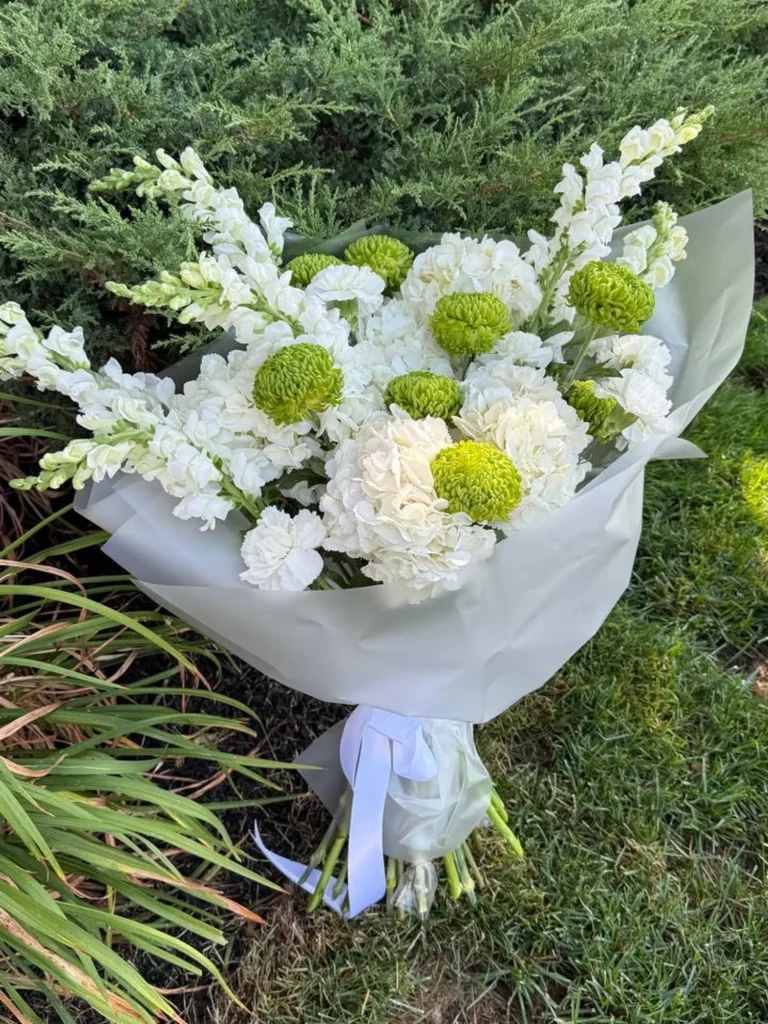 Ivory Garden Bouquet with hydrangeas, stock flowers, and green chrysanthemums by Boston Flowers, detail view 2