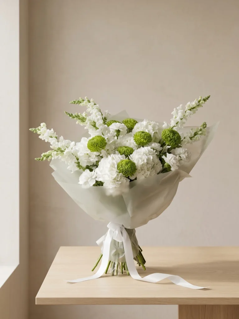 Ivory Garden Bouquet with hydrangeas, stock flowers, chrysanthemums, and seasonal greenery for same-day flower delivery in Boston by Boston Flowers