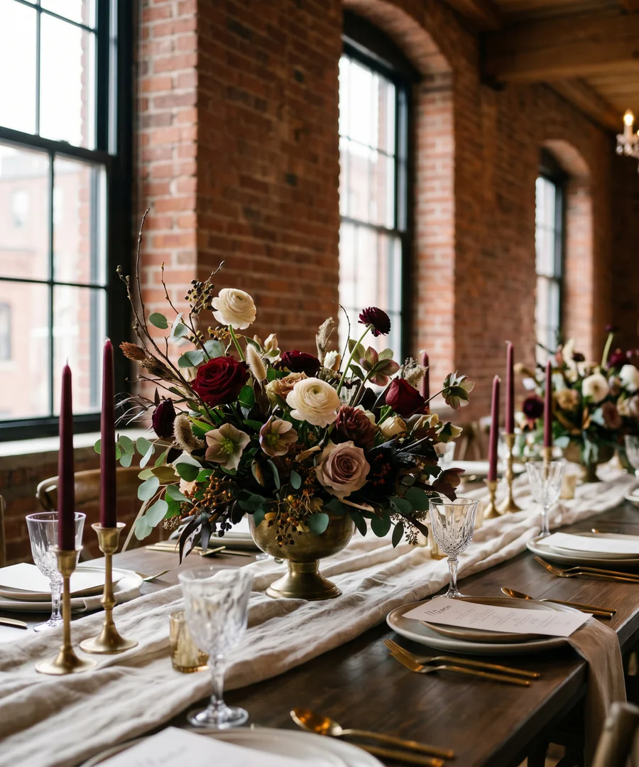 long dinner table with burgundy taper candles and floral runner for a Boston event