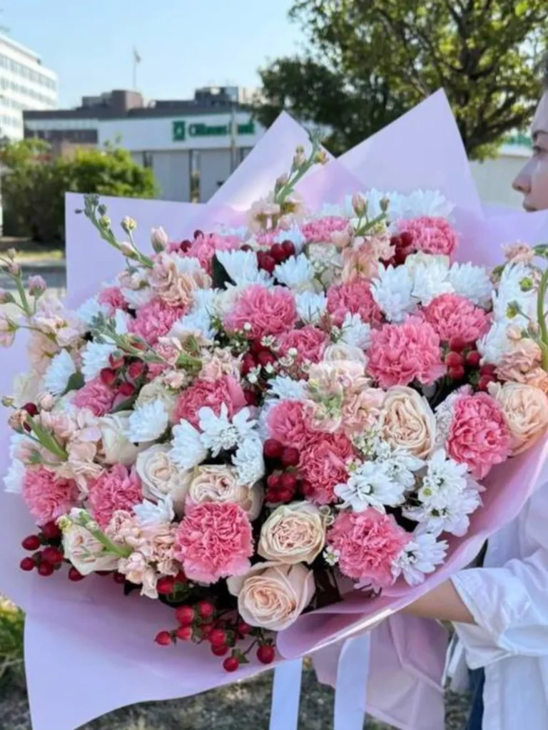 Pink Blossom Bouquet with roses, carnations, and chrysanthemums by Boston Flowers, detail view 2