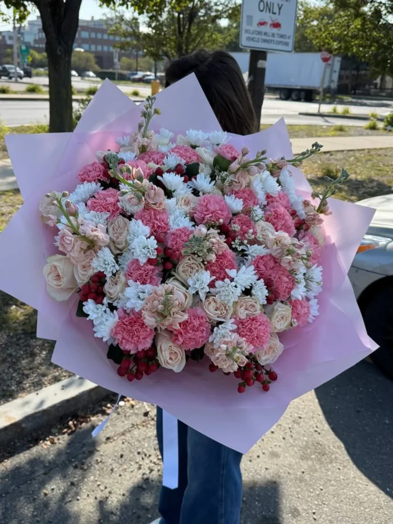 Pink Blossom Bouquet with roses, carnations, and chrysanthemums by Boston Flowers, detail view 3
