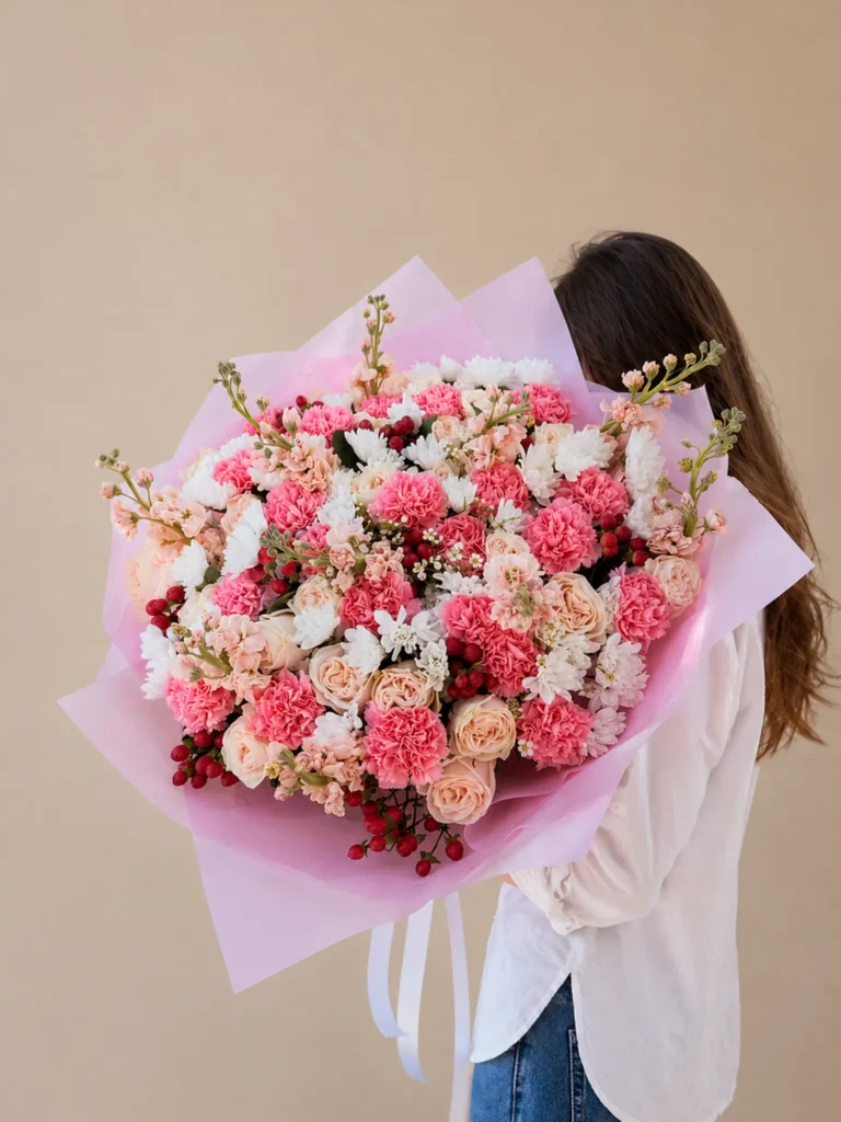 Pink Blossom Bouquet with pink seasonal blossoms and premium bouquet greenery for same-day flower delivery in Boston by Boston Flowers