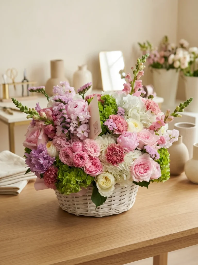 Pink Garden Basket with roses, hydrangeas, and seasonal blooms by Boston Flowers, detail view 4