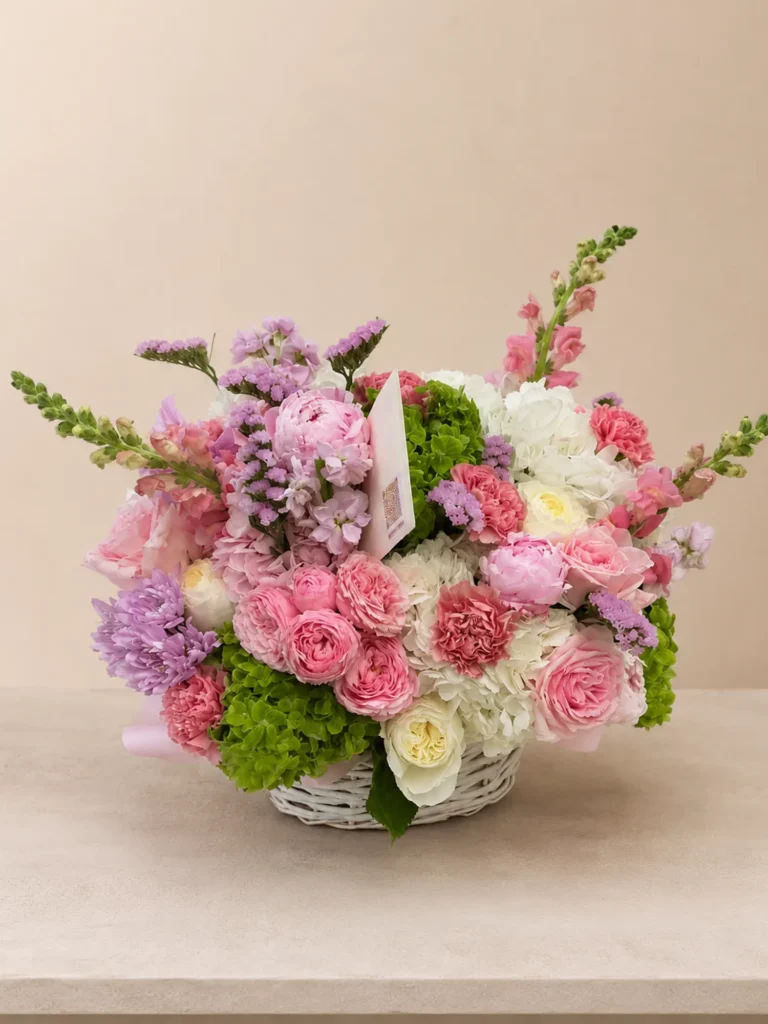 Pink Garden Basket with premium pink seasonal flowers and garden greenery for same-day flower delivery in Boston by Boston Flowers