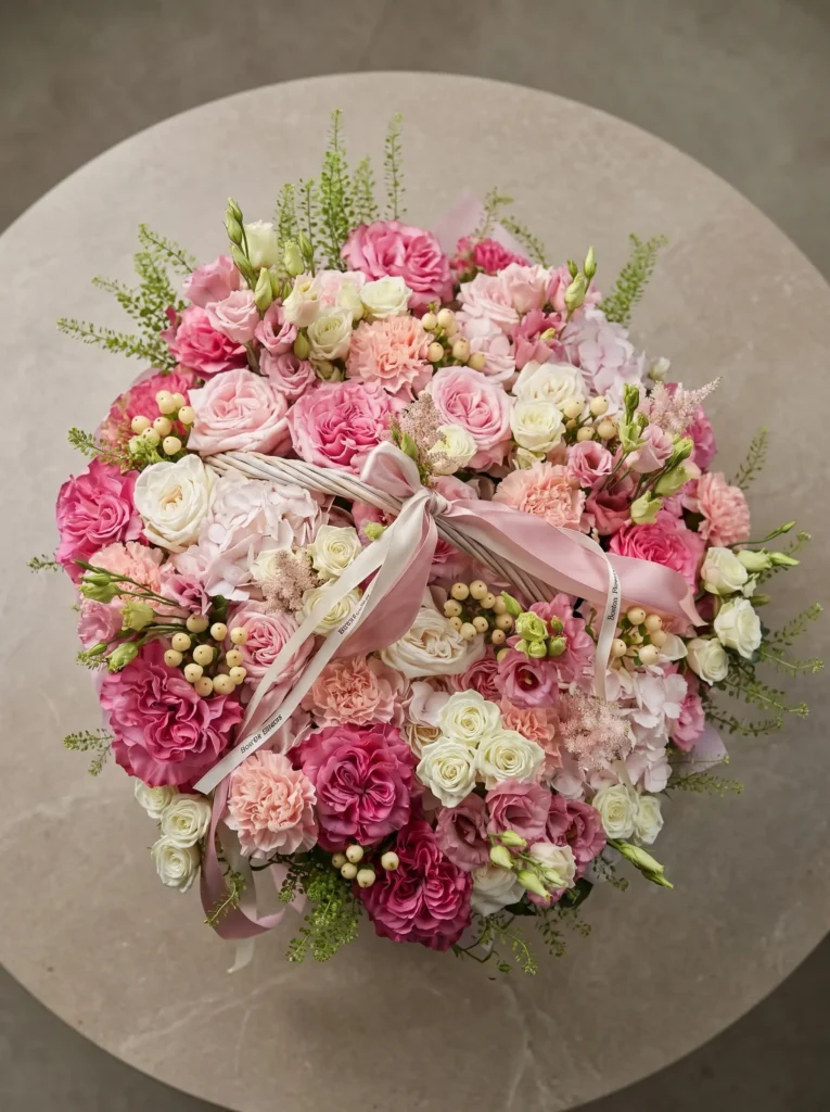 Luxury premium mixed floral basket arrangement by Boston Flowers for delivery in Boston