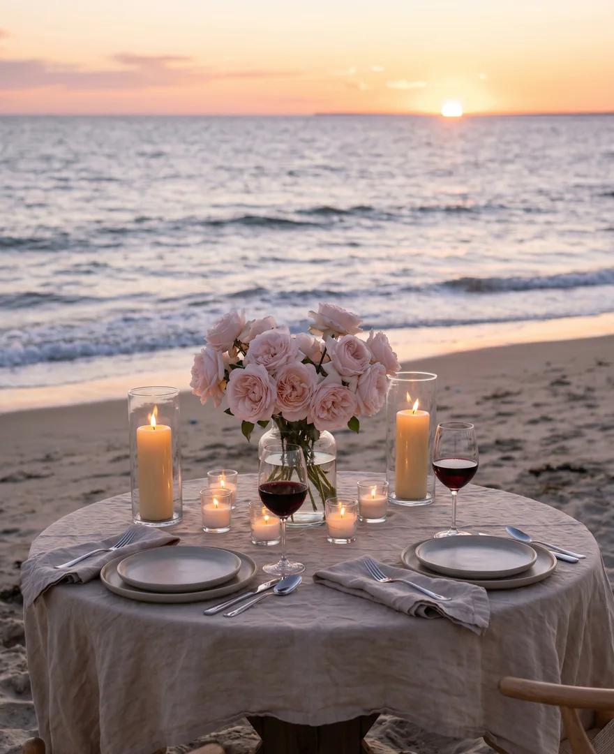 romantic dinner table with pale roses, candles, wine glasses, and waterfront view
