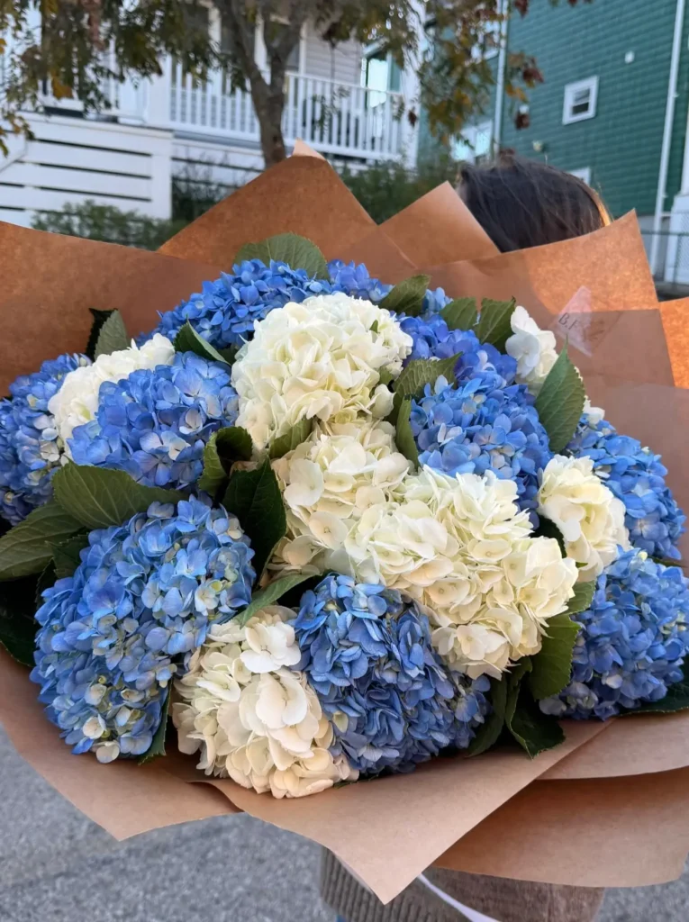 Luxury white and blue hydrangea bouquet arrangement by Boston Flowers for delivery in Boston