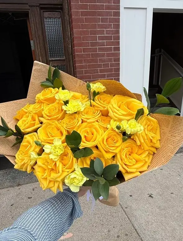 Luxury yellow roses and carnations bouquet arrangement by Boston Flowers for delivery in Boston